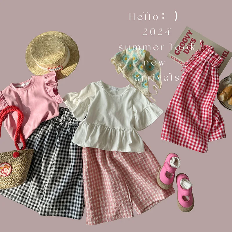 Girls straight lattice children children wide leg pants girls pants summer thin bud waist summer dress pants