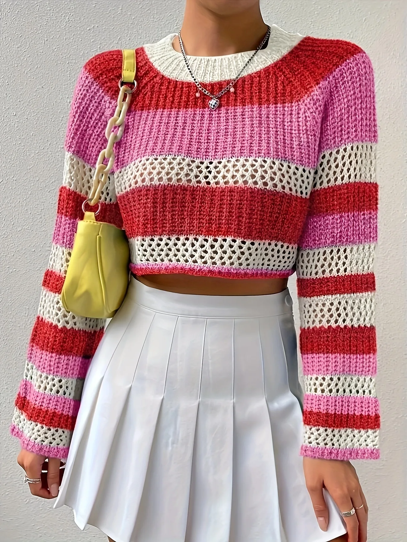 موضة مخطط المحاصيل تريكو المرأة س الرقبة طويلة الأكمام سترة الخريف الربيع Y2K قصيرة البلوز الشارع الشهير فضفاض البلوز القمم