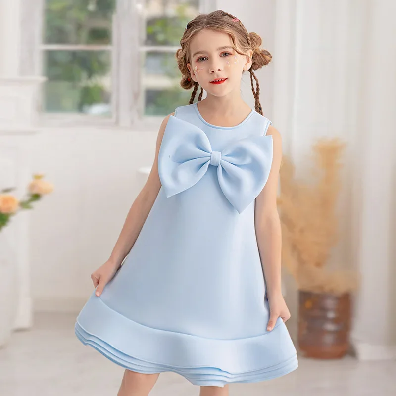 Himmelblaue Prinzessin Kostüm neue Sommerferien Mädchen Big Bow Kleider einteilige Kinder Geburtstag Kinder Party Hochzeits kleidung