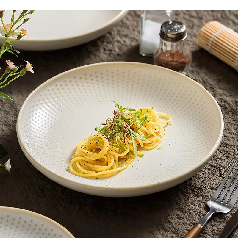 Ceramic Bead Dot Deep Plate Salad Thick Soup Dessert Plates Pasta Restaurant Specialty Tableware