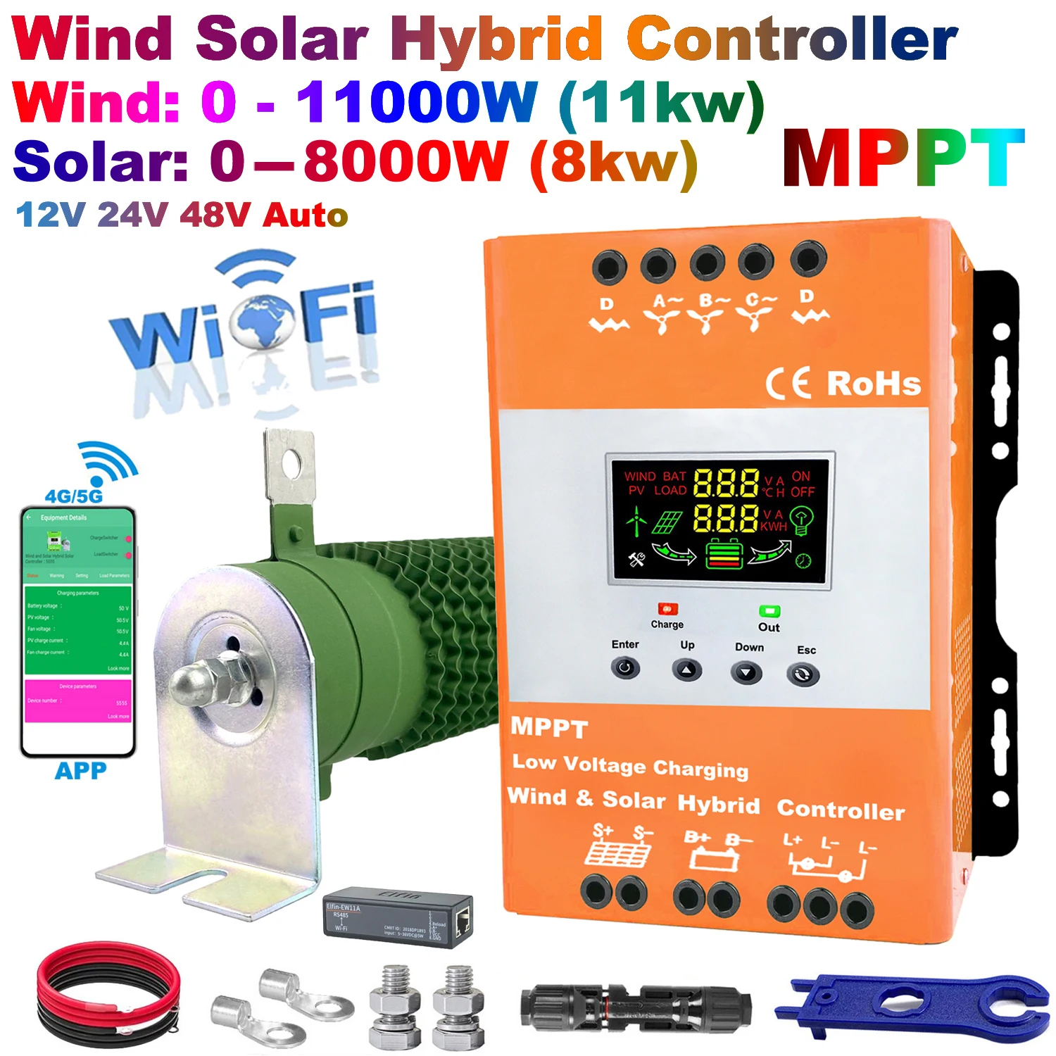 wi fi vento solar hibrido controlador de carga mppt carga para painel solar turbina eolica litio chumbo acido bateria 12v 24v 48v 6000w 01