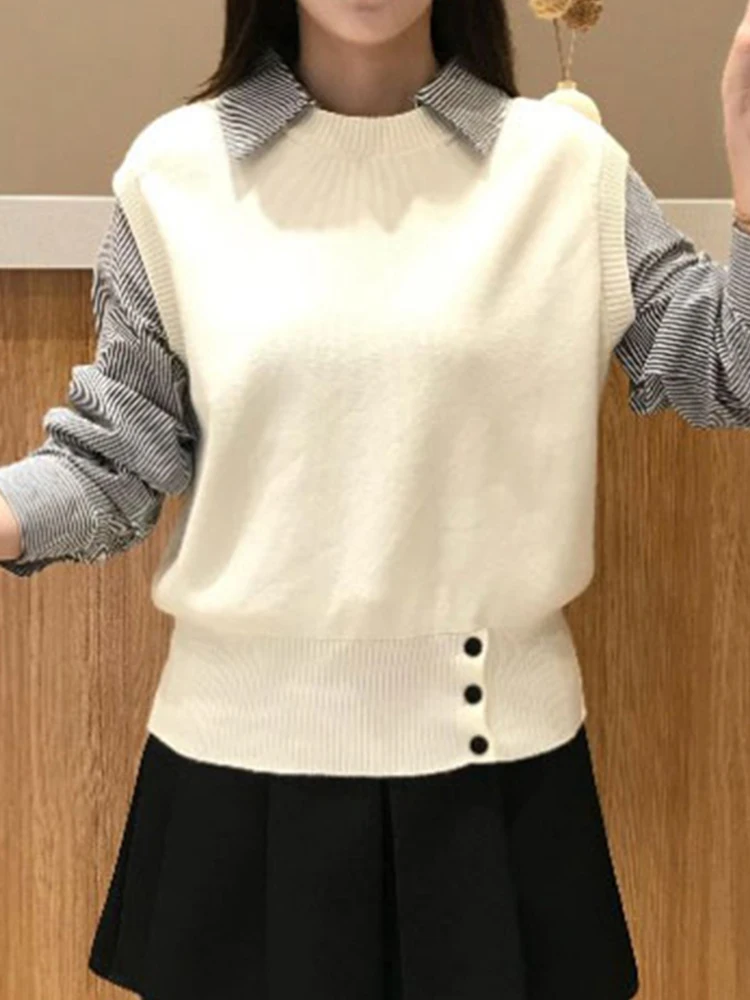 

Женский трикотажный джемпер Super Sli с эффектом двухслойности, осенняя новинка, простой полосатый, свободного кроя, с длинным рукавом, тонкий, стандартный крой