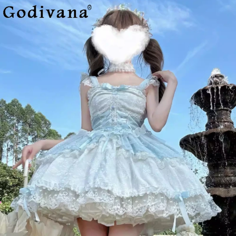 

Spring Summer New Lolita Sweet Lace Princess Suspender Dress Female Cute Bow Ruffles Cos Fairy High Waist A-line Dresses