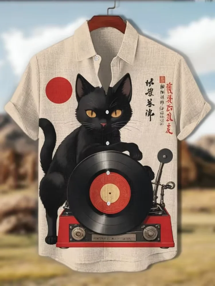 

2025 Новые мужские рубашки с забавным котом Edo Ramen, гавайская рубашка с 3D принтом, летние мужские туники с воротником на пуговицах и лацканами, мужские туники