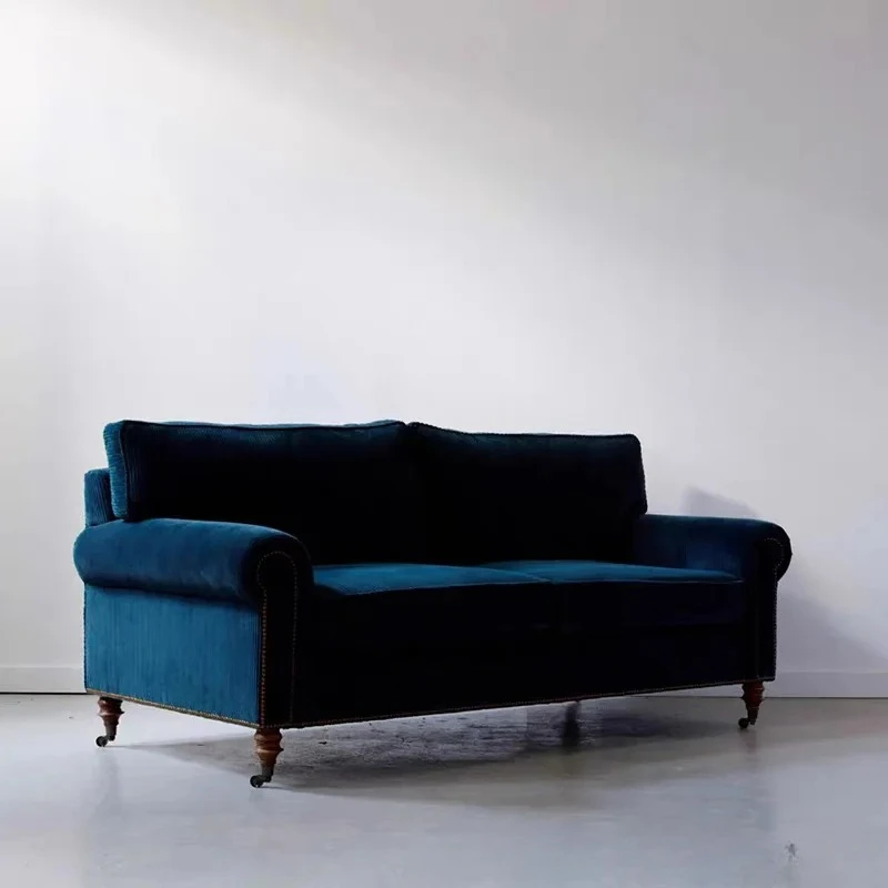 ML  country fabric small apartment sofa simple  retro royal blue corduroy model room three-person sofa