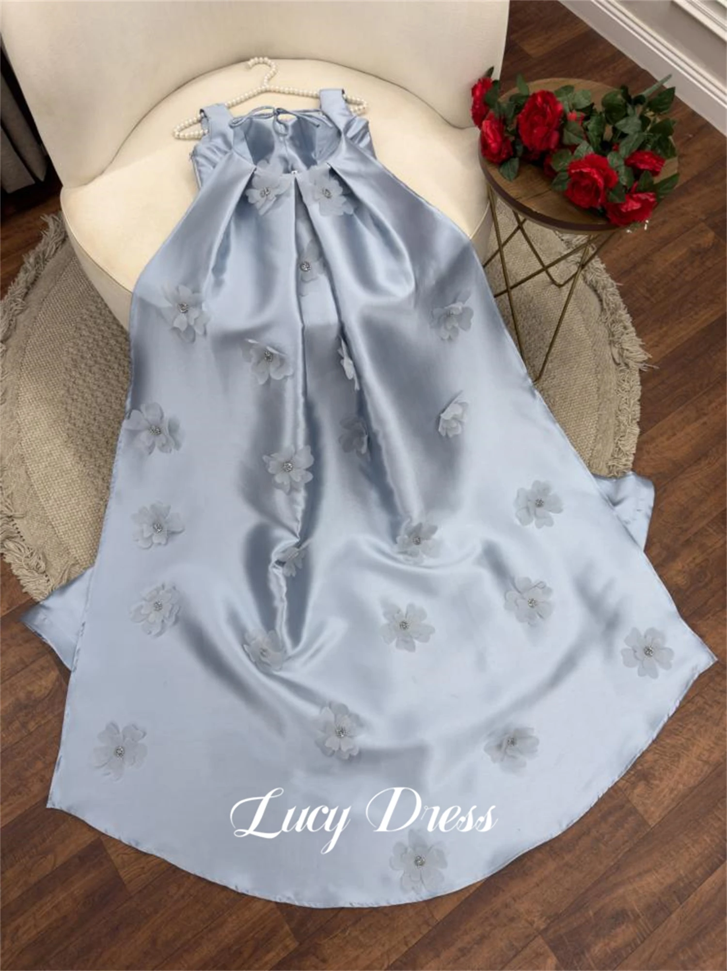 Party Dress Evening Line A Satin Gray Blue Flower Decoration Robe Soiree De Luxe Customized Formal Occasion Dresses Ball Gowns