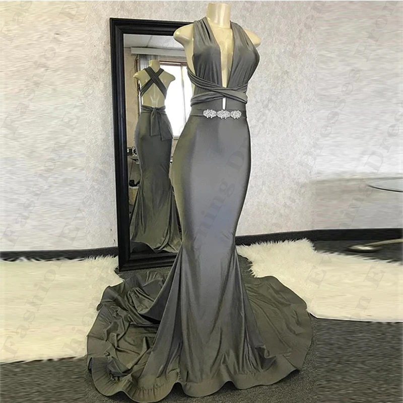 Elegant Beautiful Evening Dresses Simple Vintage Sexy Backless Mermaid Deep V-neck Sleeveless Simple Mopping Prom Gowns 2024