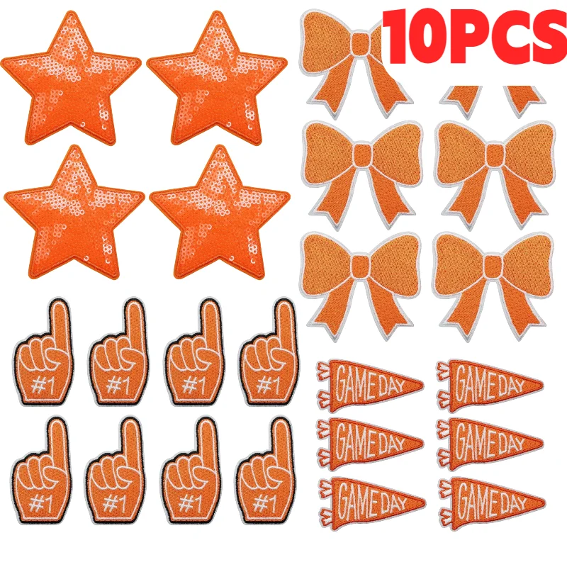 10PCS Orange Theme Lightning Love Star Bow Embroidery Patches Cheerleader Game Day Iron On For DIY Clothes Decoration Wholesale