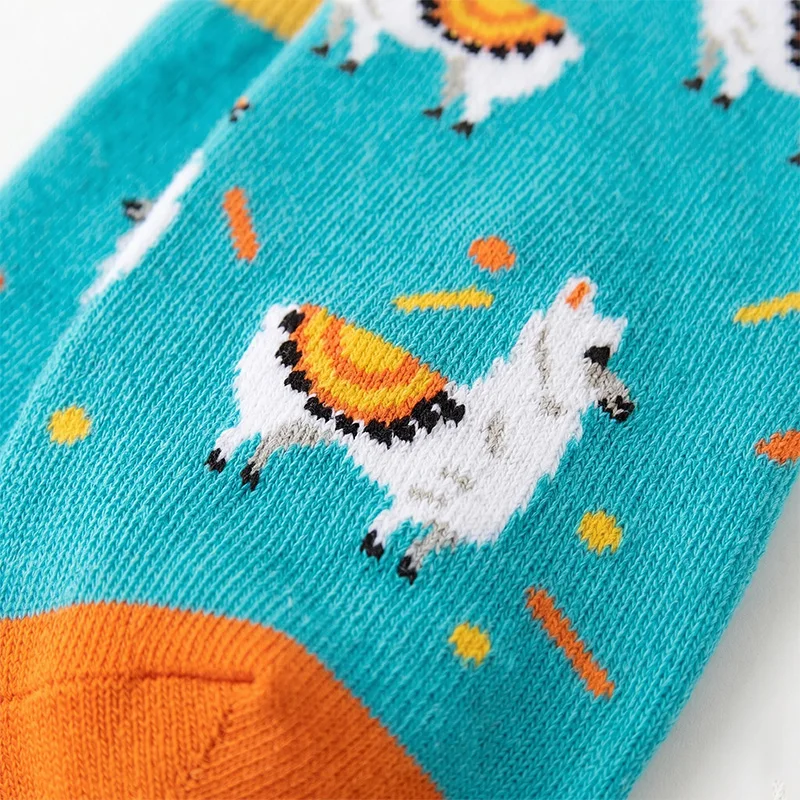 1 Pair, Unisex, Lake Blue Background with White Alpaca Pattern, Yellow and Orange Color-Blocking Heel and Toe, Polyester, Breathable, Fun, Mid-Calf Socks, Suitable for Everyday Wear - view 5