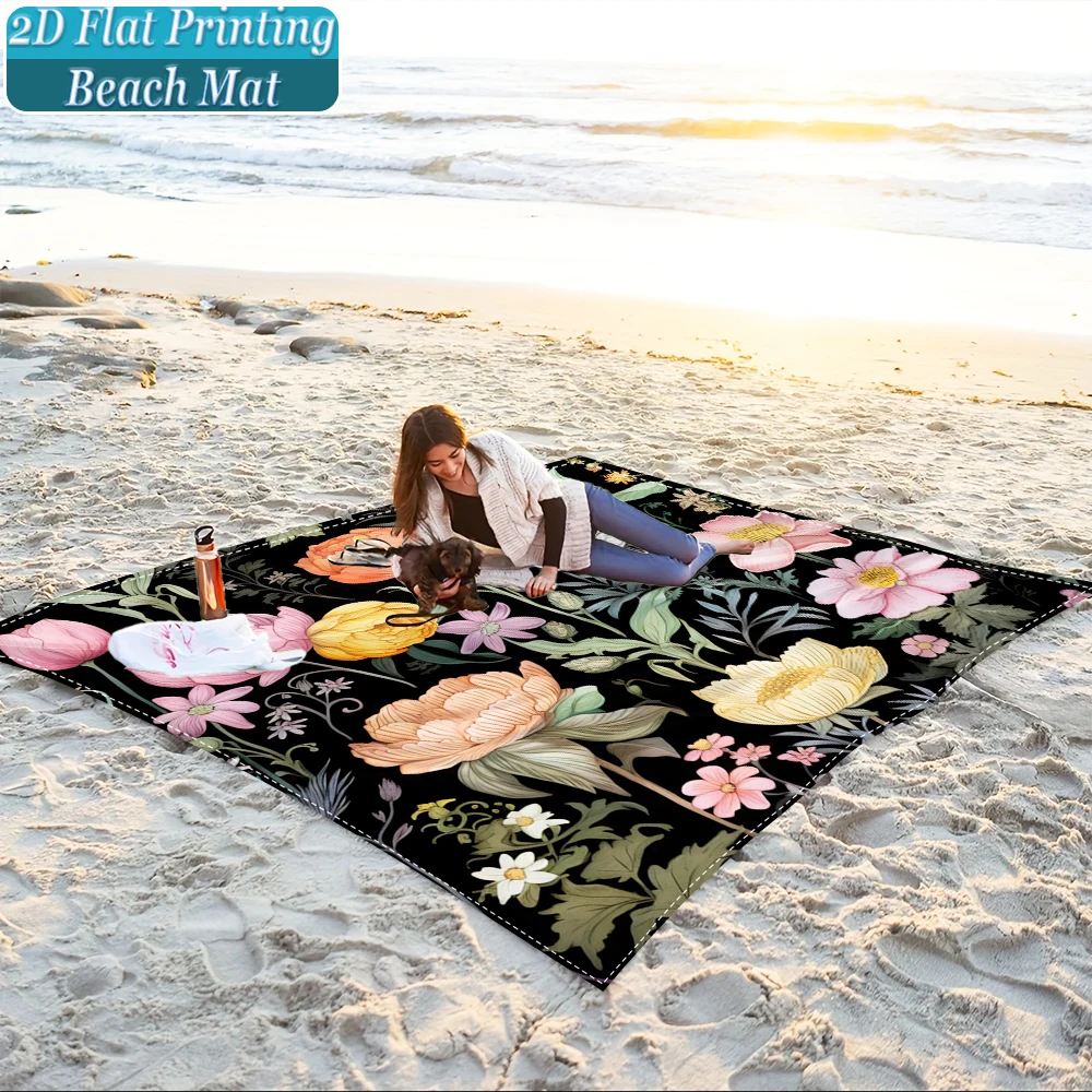 1-Piece Set, Summer Outdoor Beach Mat, Includes 4 Ground Stakes, Unique Printed Design, Fade-Resistant, Lightweight, Quick-Drying, Easy to Carry, Windproof and Sandproof, Fashionable and Trendy Outdoor Activity Decoration, Suitable for Beach, Camping, Picnics, Parties