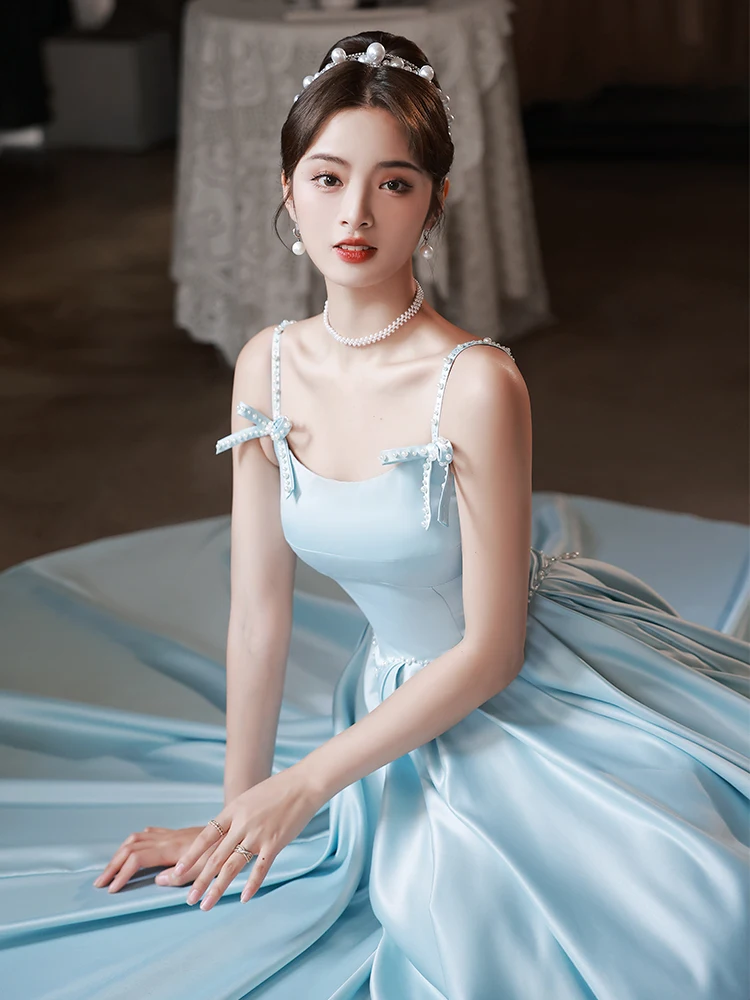 

Romantic Blue Prom Dress Women's New Luxury Satin Spaghetti Strap Pearl Bow Floor-Length A-Line Femal Party Dresses Vestidos