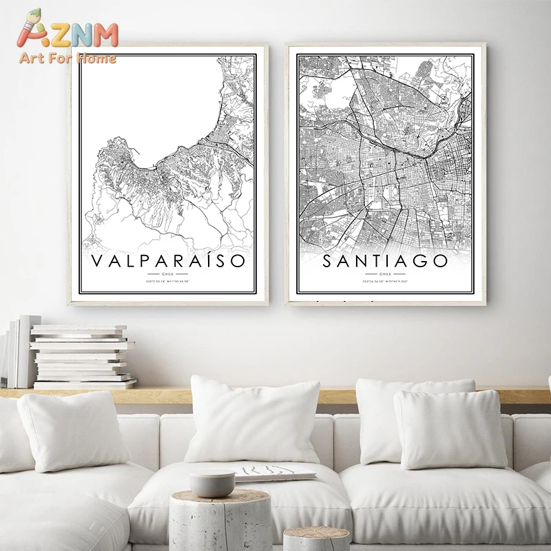 AZNM Santiago Valparaiso Chili, carte de la ville, art mural sur toile, impression artistique minimaliste en noir et blanc, géographie, typographie, décoration intérieure