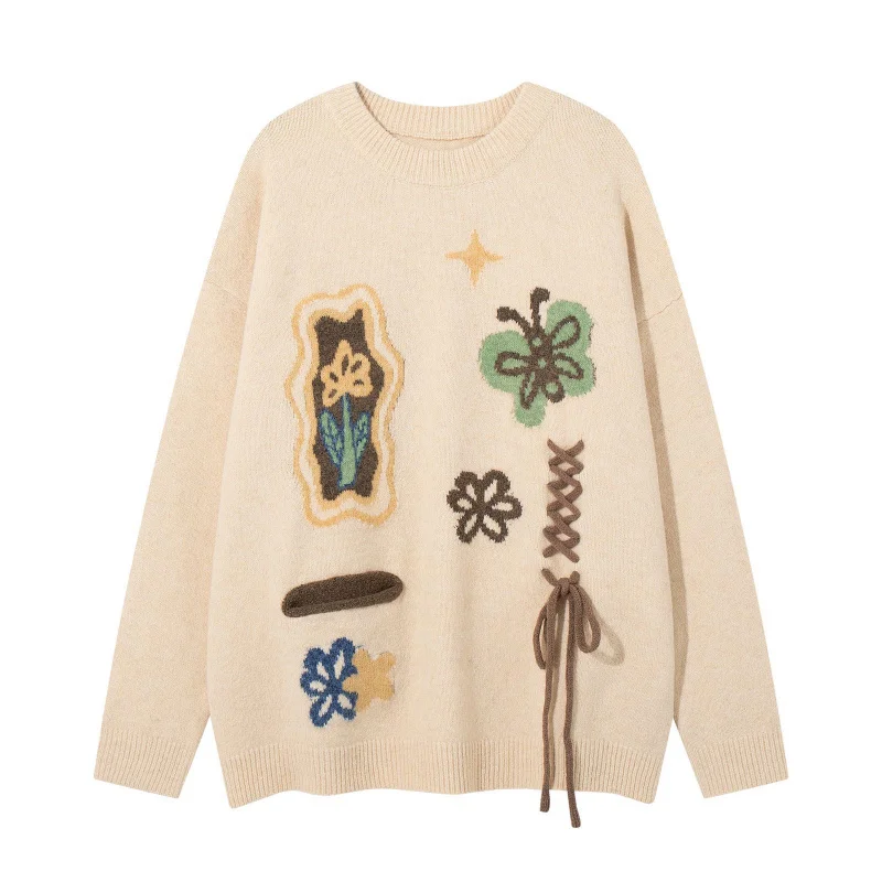

MAQVOB High Quality EU US Size Retro Butterfly Small Flower Jacquard Sweater Unisex Autumn Winter Loose Versatile Sweater
