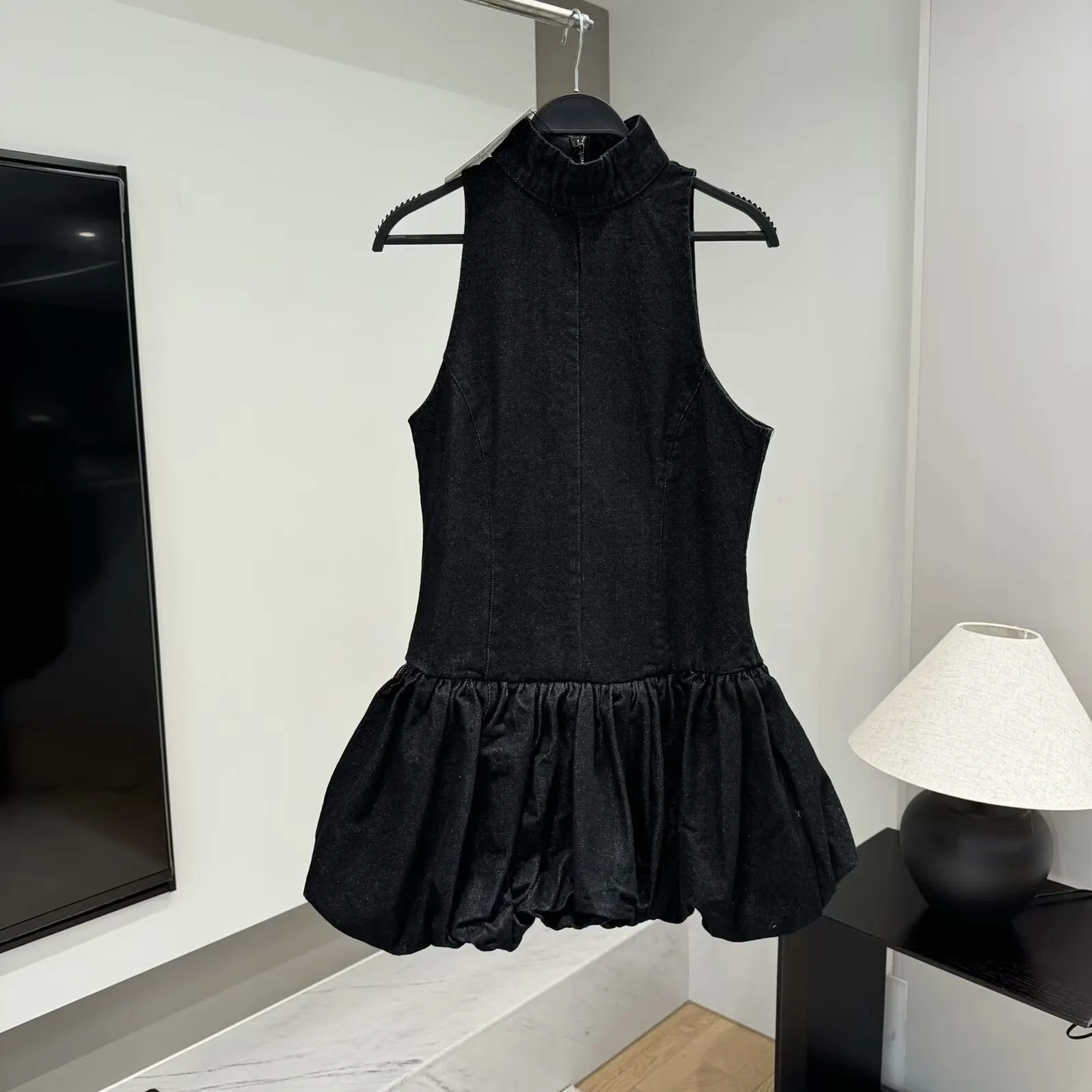 バレエスタイルミニデニムドレス-レディース-夏-ノースリーブ-スタンドカラー-ボールガウン-シェイプドレス-ハイウエスト-無地-春夏