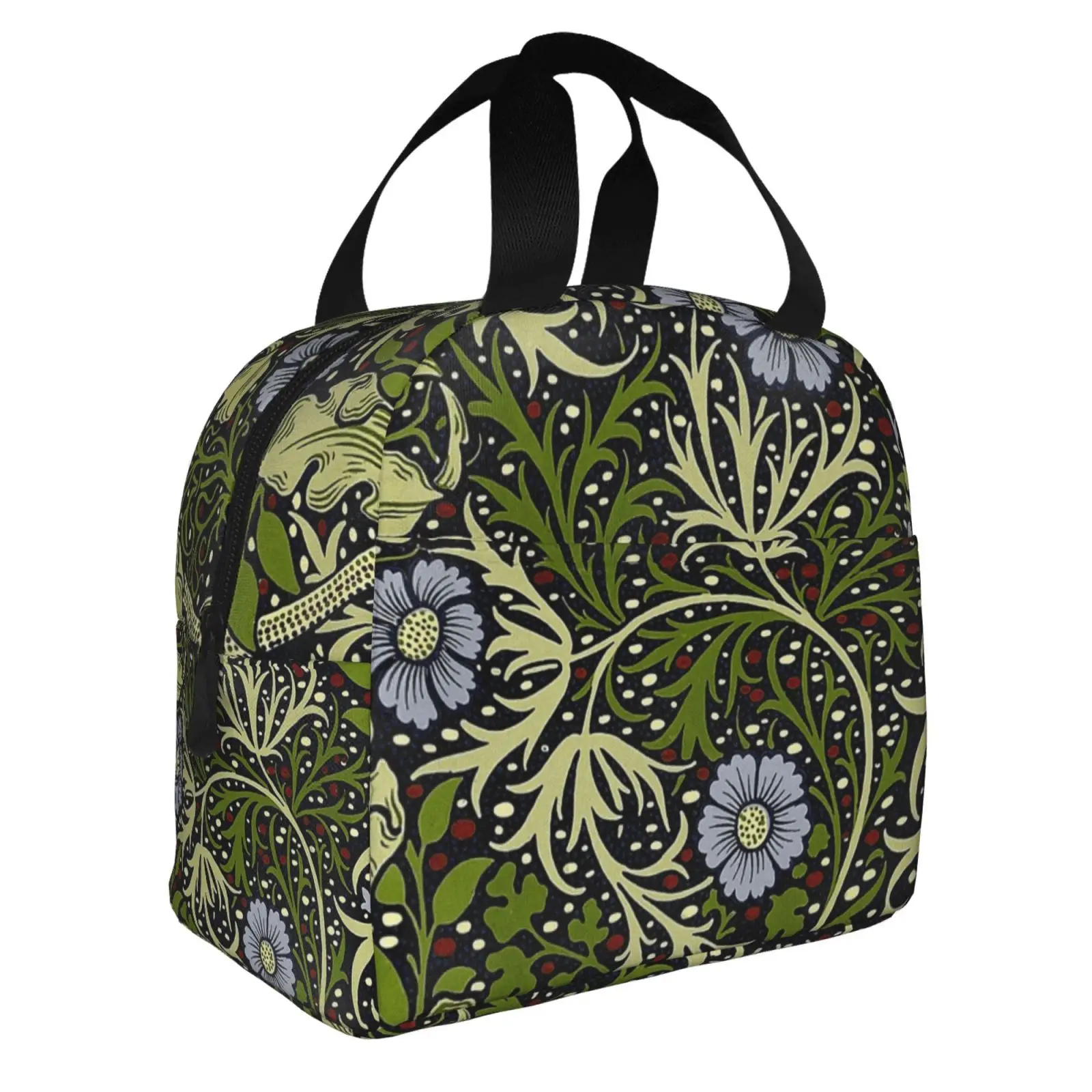 William Morris Flower Leaf Bird Print Lunch Tote Bag Insulated Leakproof Lunch Box Container with Front Pocket for Girls Boys