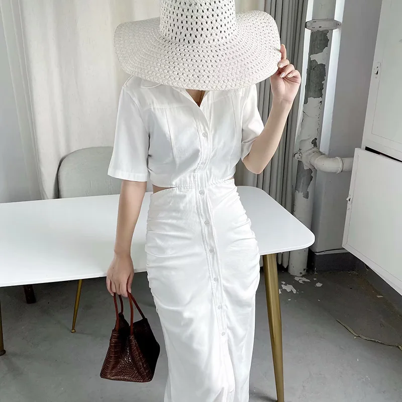 Dress For Women 2023 Autumn New Half Sleeve Solid Hollow Out Button Turn-down Collar Fashion Elegant Casual Loose Straight Dress