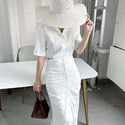 Dress For Women 2023 Autumn New Half Sleeve Solid Hollow Out Button Turn-down Collar Fashion Elegant Casual Loose Straight Dress