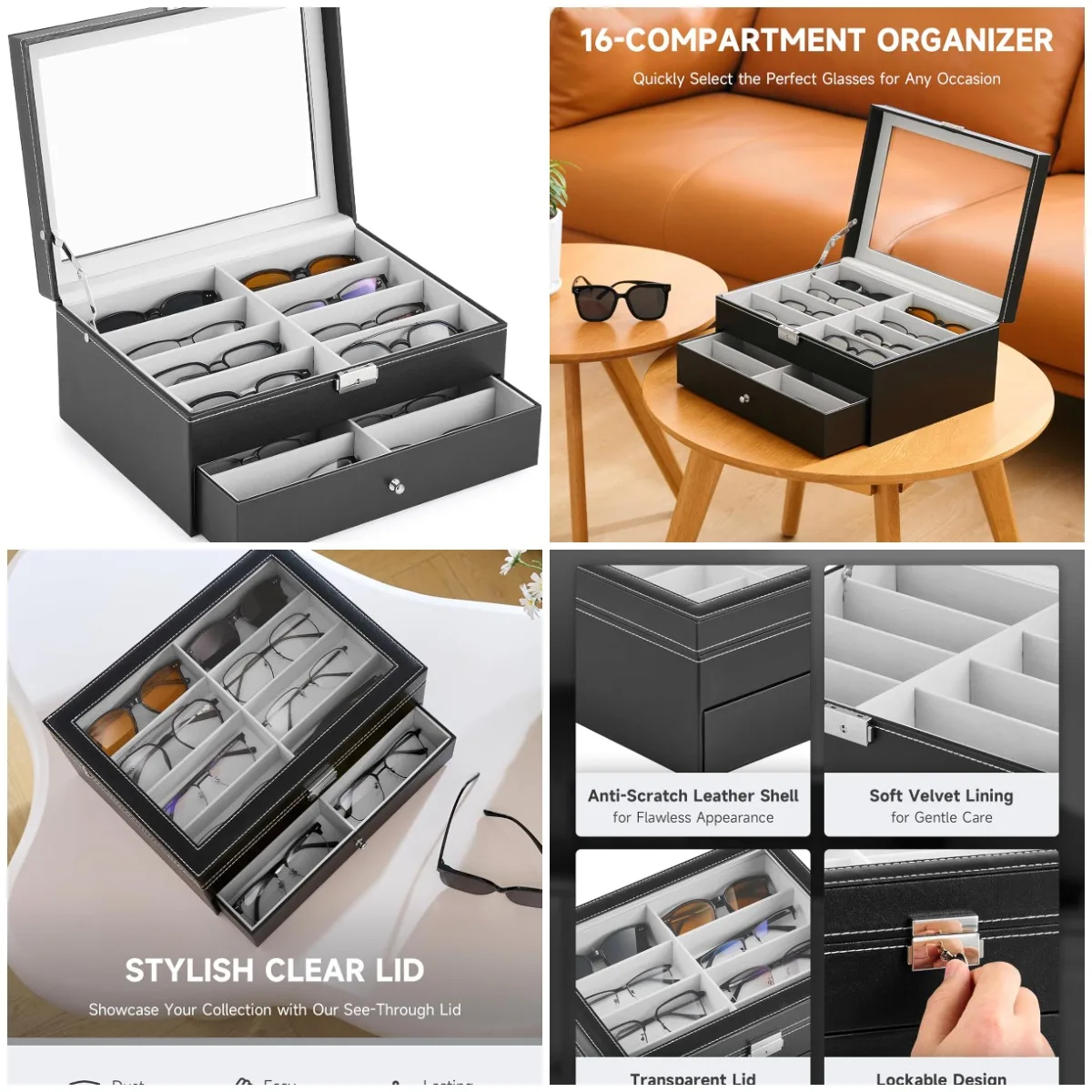 

Sunglasses Organizer, Leather Eyeglasses Storage Box for Women Men, Lockable Sunglass Display Case Holder with Drawer