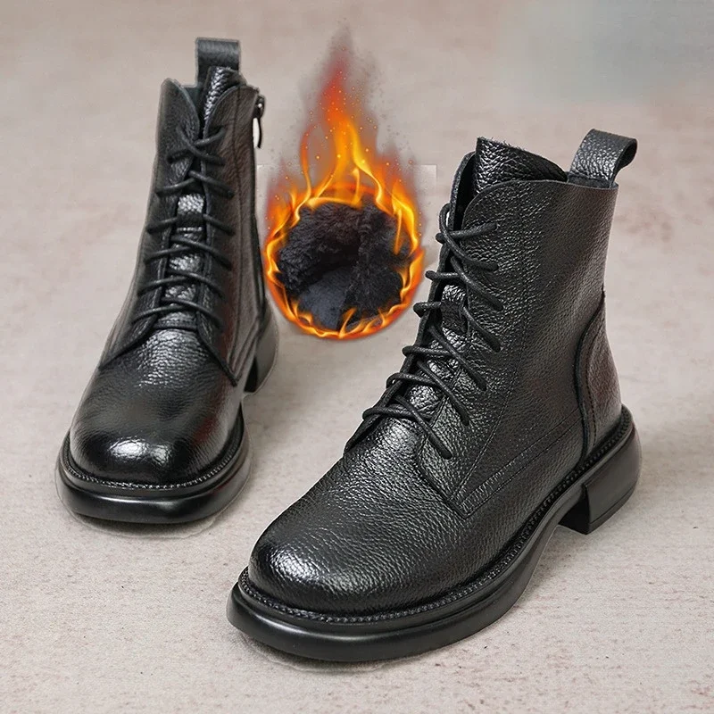 

Genuine Cow Leather Ankle Boots for Women New Platform Shoes for Women Winter Youth Girls Soft Sole Thick Heel Knight Snow Boots