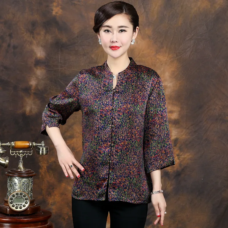 

New arrival pure silk mid-long sleeve women shirts,100% gambiered Guangdong silk loose blouse,round collar clothes for women