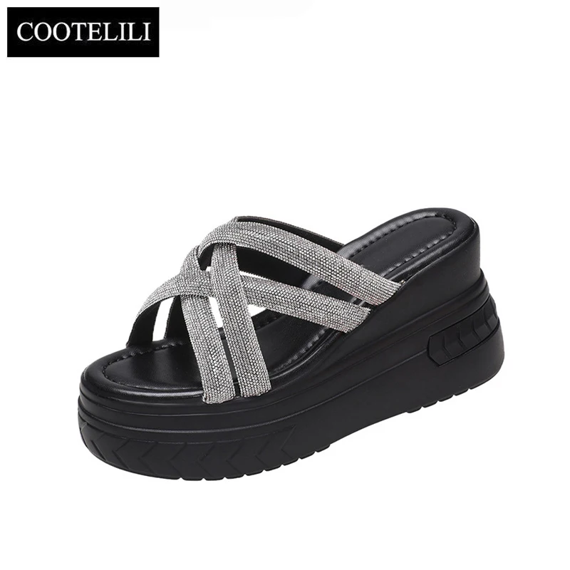 COOTELILI 2024 New Fashion Slippers Women Flats Summer Women Slippers Slip On Round Toe 8cm Heel Casual 35-39