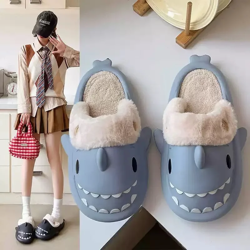 Winter Shark Slippers Couple Removable Liner Warm Cute Women Shark Slides Plush Cotton Flip Flops Men Indoor Cotton Flat Shoes