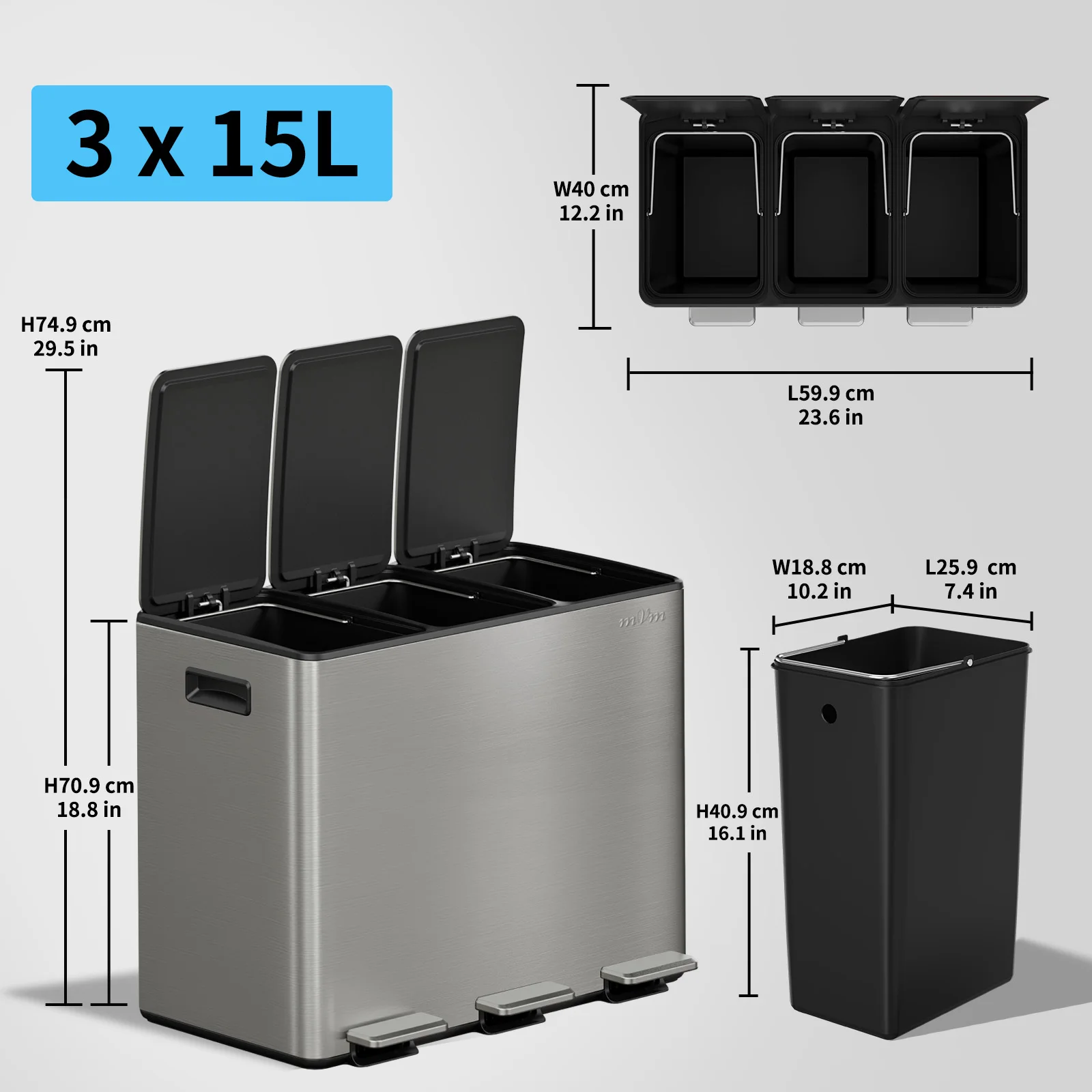 mVm Trash Can Stainless 60L/40L/45L Kitchen Step Trash Bin for Recycling Waste Sorting Soft Close Lid Double Lid