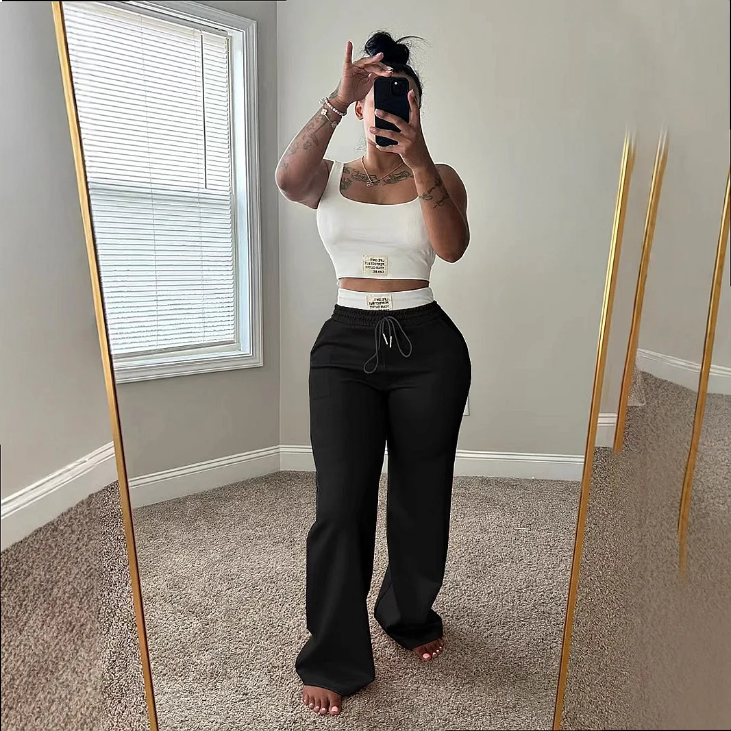 Two Piece Matching Set Contrast Waistband Loose Jogger Pants Women Streetwear