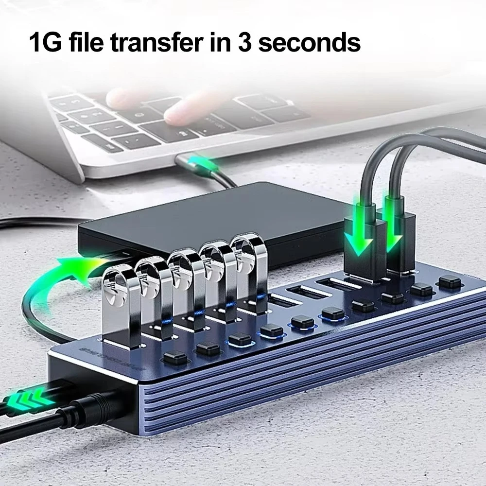 10 Port USB 3.0 Hub with Independent On/Off Switches 5Gbps High Speed Type-C Splitter USB Docking Station for Laptop