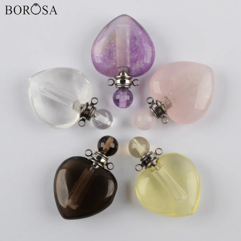 

BOROSA Heart Perfume Bottle Pendant Necklace Accessories Natural Ctystal Connector Essential Oil Diffuser Charms Jewelry