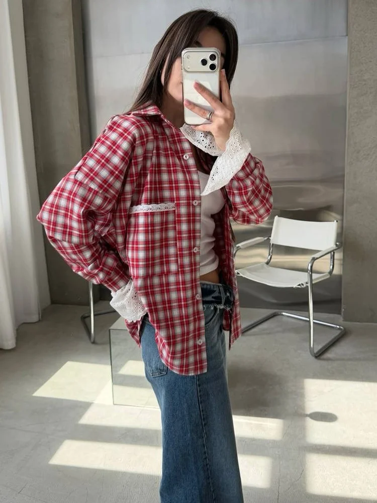 

Chic Pink Brown Plaid Oversized Shirt Women Casual Lapel Long Sleeve Button Down Blouse 2026 Lady Daily Streetwear Fall Tops