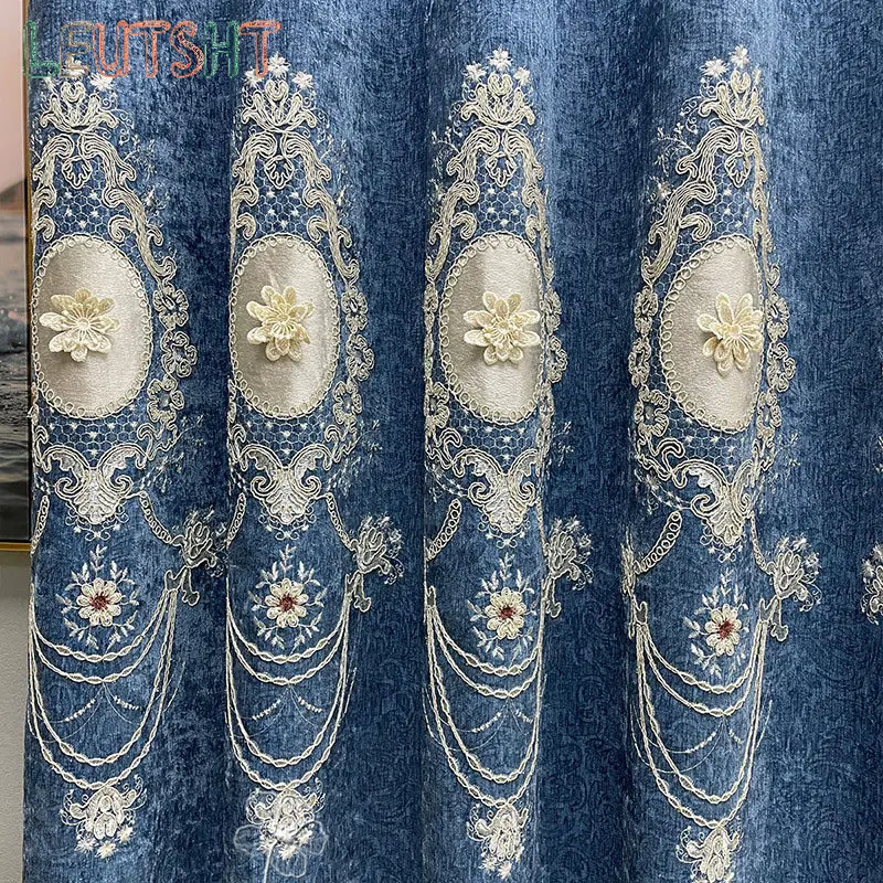 

European-style Curtains for Living Dining Room Bedroom Light Luxury Chenille Embroidered Embroidered Balcony Blue gray Curtains