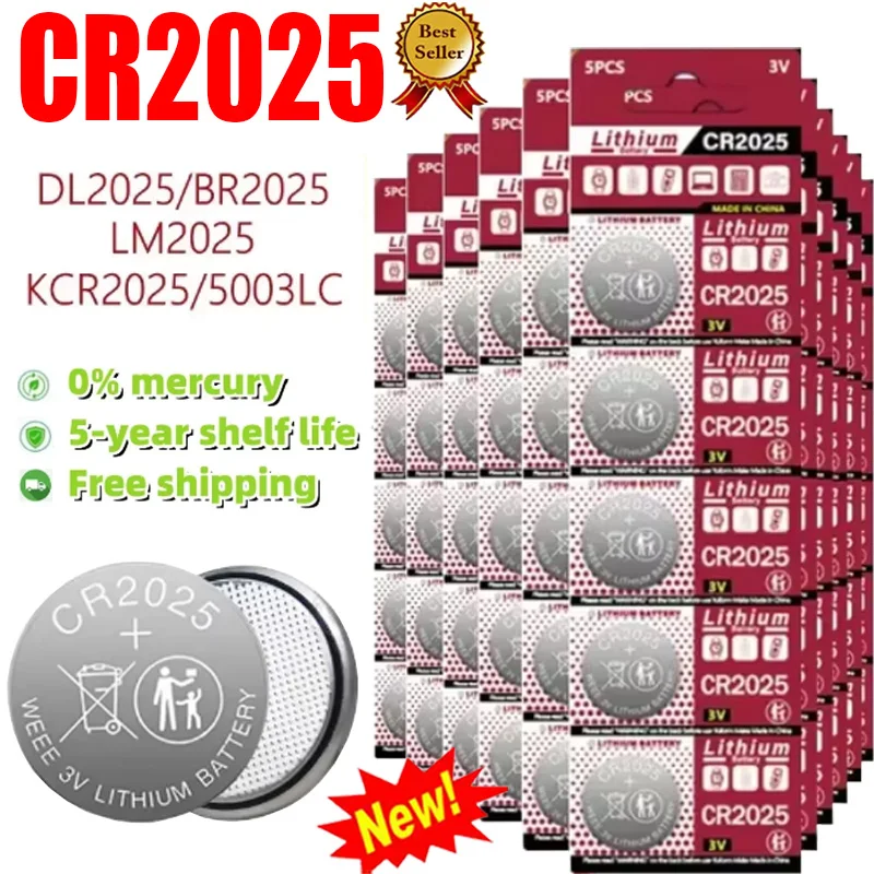 150PCS New 3V CR2025 Lithium Button Battery DL2025 BR2025 5003LC LM2025 CR 2025 Coin Cell Watch Batteries for Toys Clock Compute