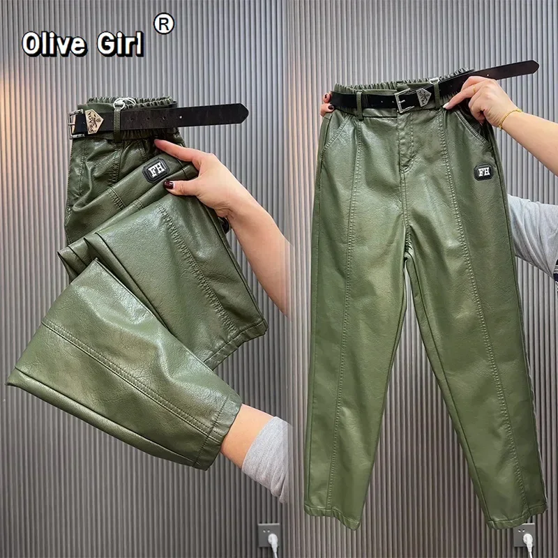 Olivegirl Trousers Women Plus Size Fashion Y2k Leather Pants High Quality PU Casual Straight Leg Pant Loose Slim High Waist