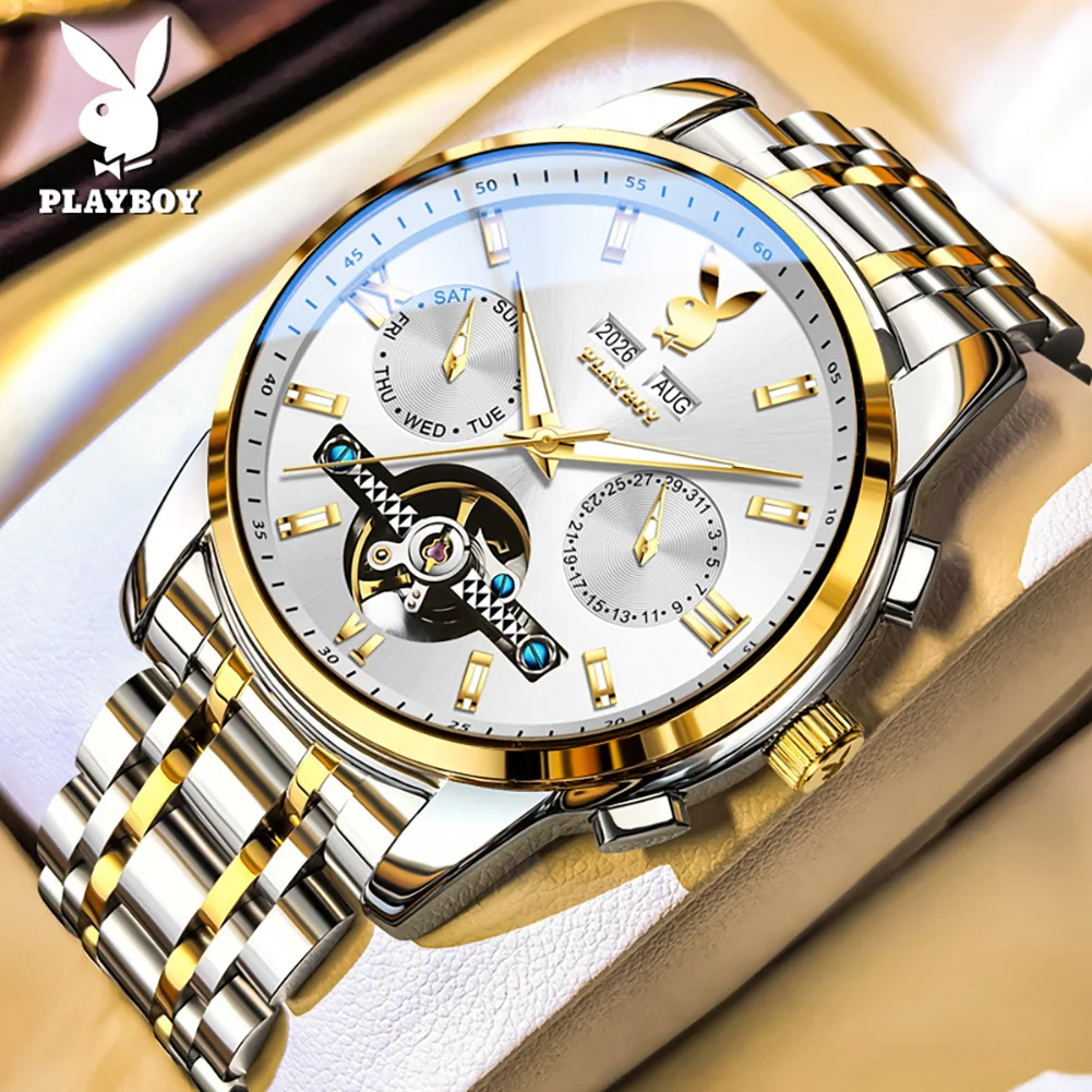 PLAYBOY 3140 Fashion Brand Mechanical Movement Men Watch Skeleton Flywheel Month Window HD Luminous 30m Waterproof Watch