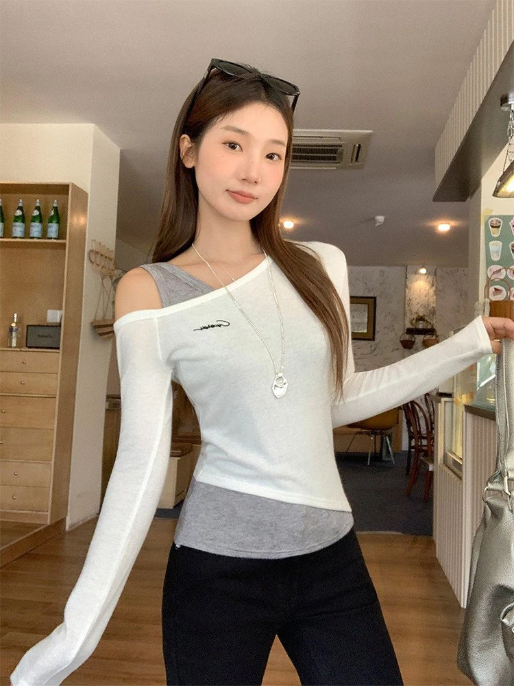 한국 스타일 자수 니트 탑 어깨 노출 롱 슬리브 여성 베이스 레이어 티셔츠 겨울 출퇴근용 부드럽고 편안한 핏