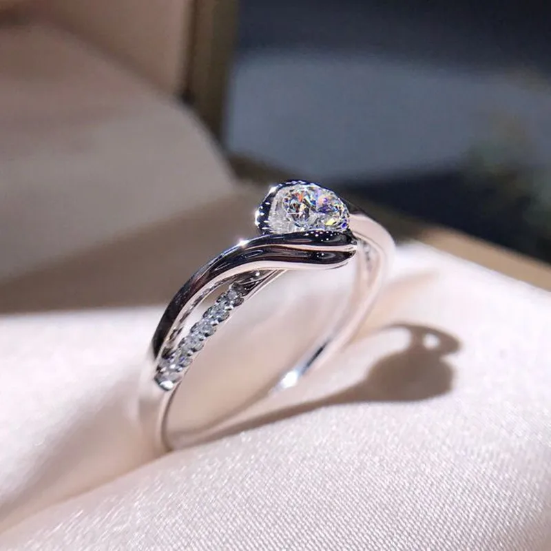 Elegant Promise Ring 925 Sterling Silver Solitaire Zircon Surround Silky Engagement Wedding Jewelry Bridal