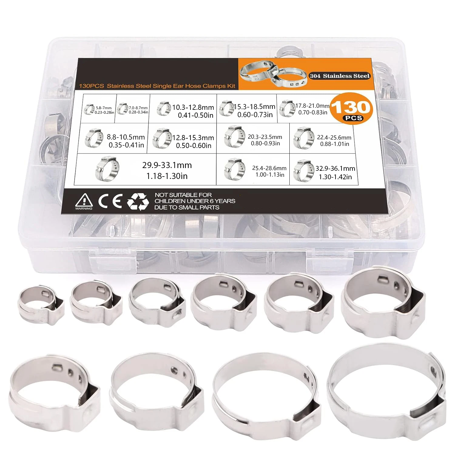 

130pcs Hose Clamps 5.8-36.1mm Single Ear Stepless 304 Stainless Steel Hose Clamps Cinch Clamp Rings for Sealing Kinds