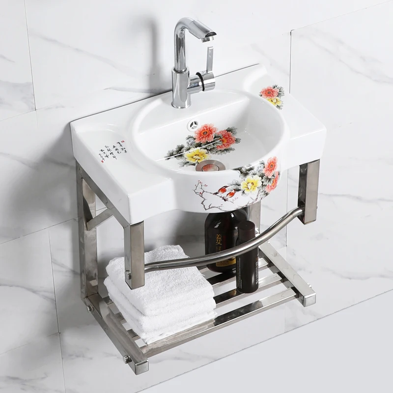 

Balcony wall-mounted wash basin, bathroom integrated ceramic wash basin, stainless steel bracket, large capacity wash basin