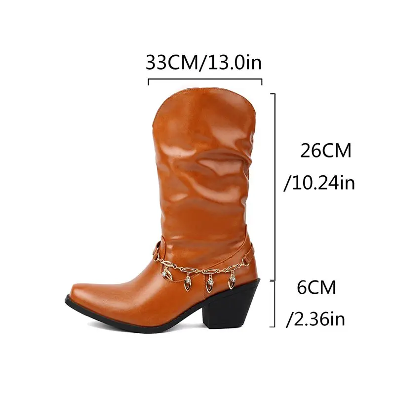 ORCHALISA Design Female Western Boots Square Toe Slip On Metal Decoration Chain Plus Size 45 46 Vintage Mid Calf Booties Winter