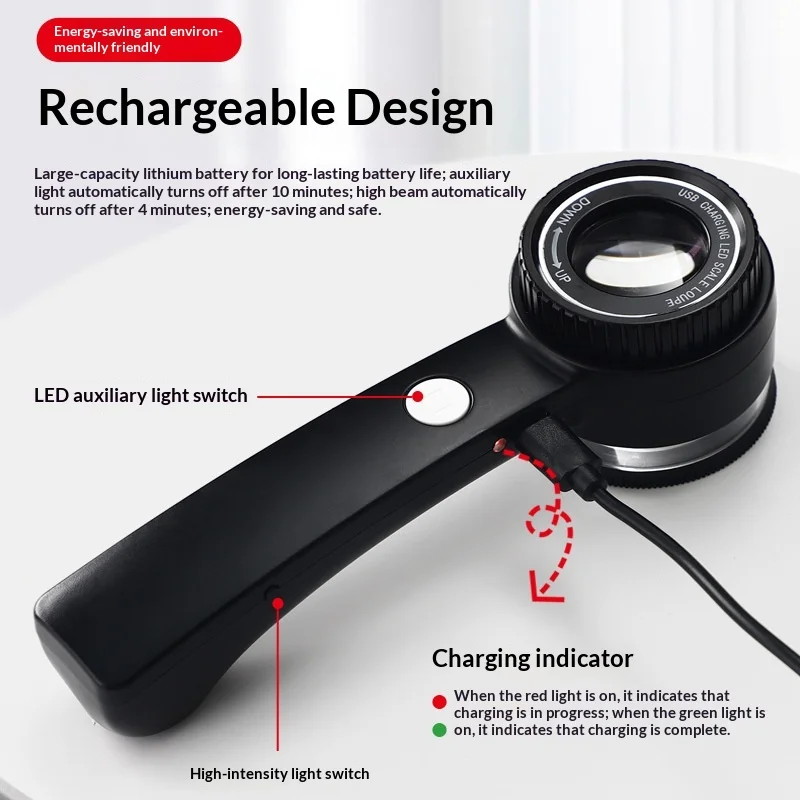 Adjustable Focus HD Inspection Tool 10X High Power UV Flashlight Magnifier 3-Color Rechargeable Jewelry
