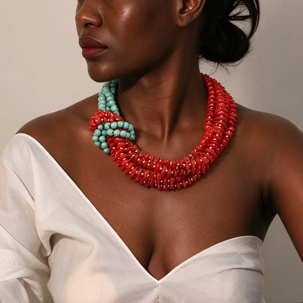 Statement Boho Red Contrasting Beads Necklace Handmade for Woman Girl Wedding Party Jewelry