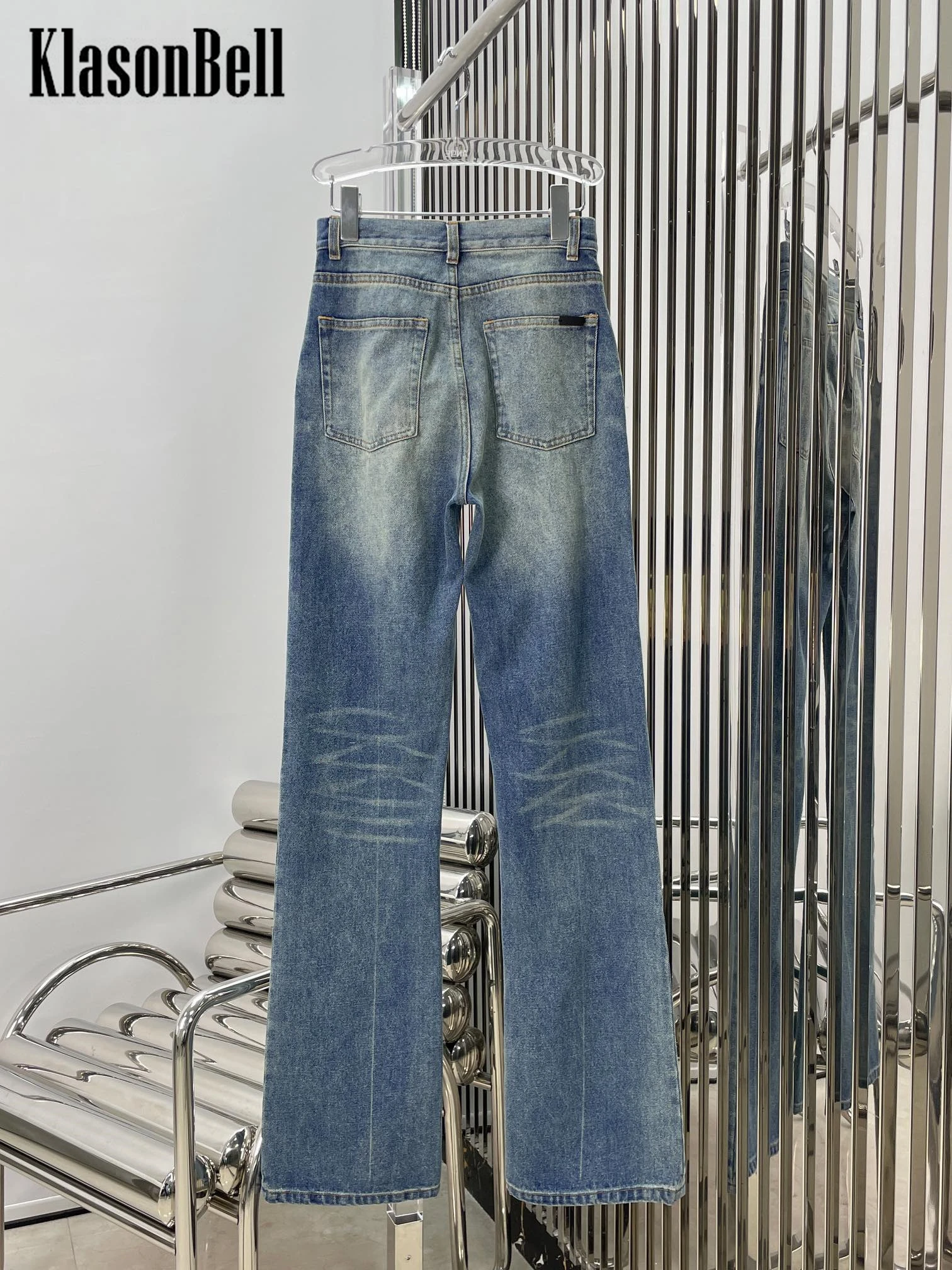 6.2 KlasonBell Vintage Washed Distressed High Waist Straight Flared Jeans Women Without Belt