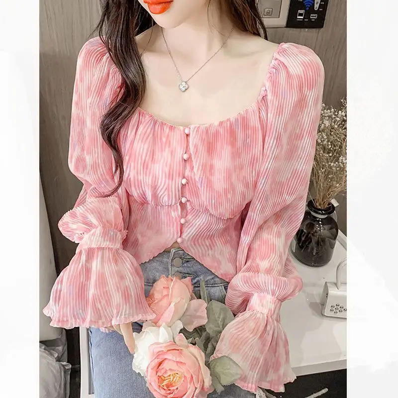 Sexy Kawaii Sweet Square Neck Print Party Club Crop Tops for Women Fashion Pleated Slim Long Sleeve Chic Chiffon Shirts Blouses