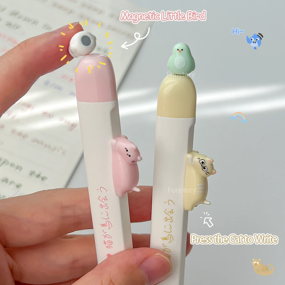 4 Pcs/Set Fun Magnet Cat And Bird Design Gel Pens 0.5mm Cute Cartoon Quick-Dry Study & Office Specialized Pen
