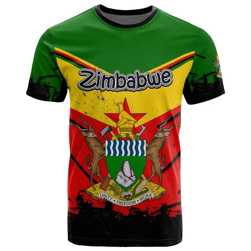 Cool 3D Printed Zimbabwe T Shirt For Men Streetwear Coat Of Arms Graphics T-shirt Round Neck Short Sleeves Gym Fitness Tees Tops