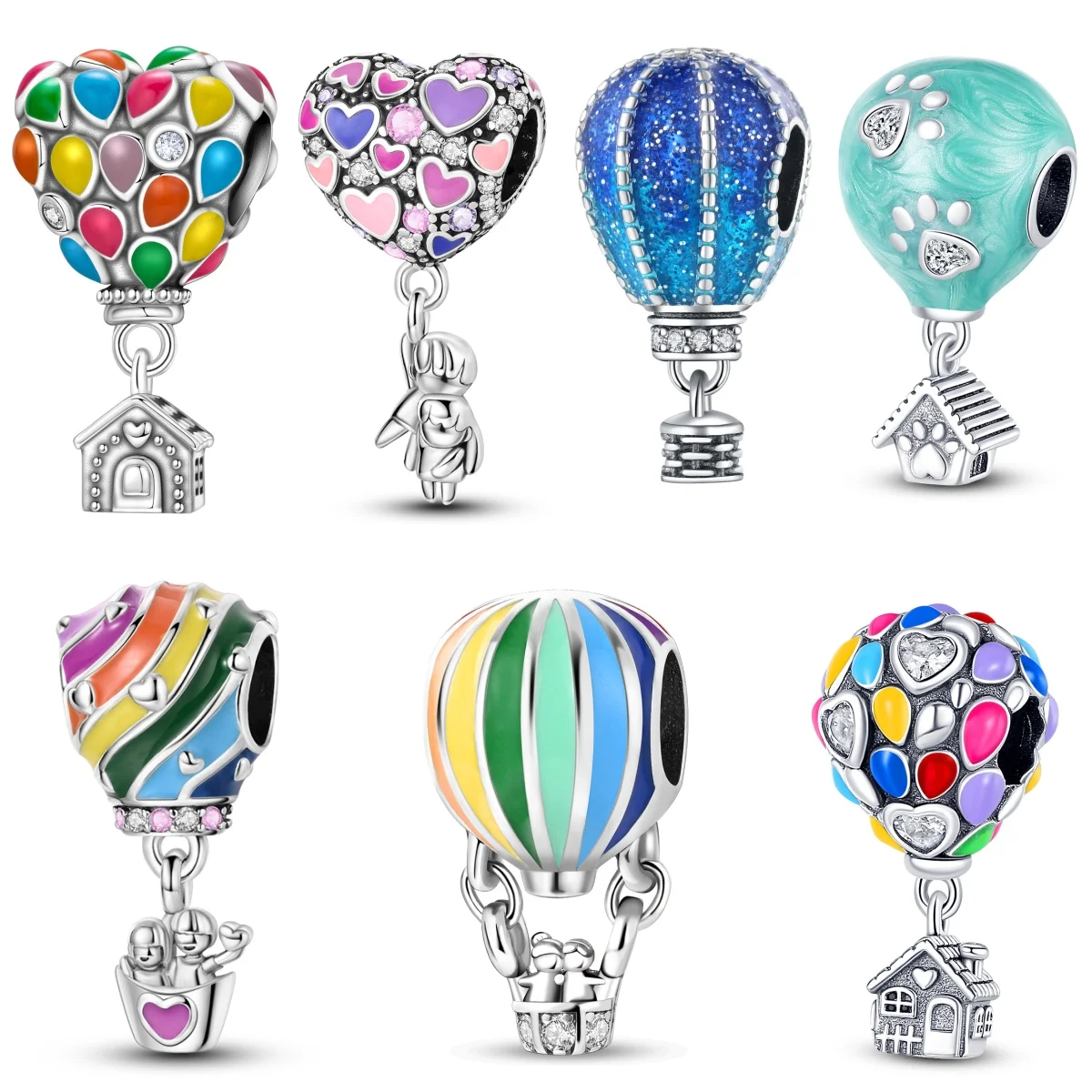 MISEFF S925 Sterling Silber Charm Bunter Heißluftballon Herzperlen-Anhänger für Armband DIY Schmuckherstellung Geburtstagsgeschenk
