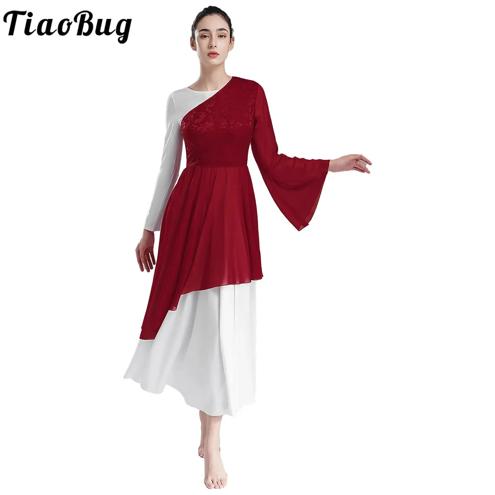 

Women's Praise Dance Dress Worship One Shoulder Flared Sleeve Patchwork Tunic Asymmetrical Hem Dress Lyrical Ballet Dance Wear