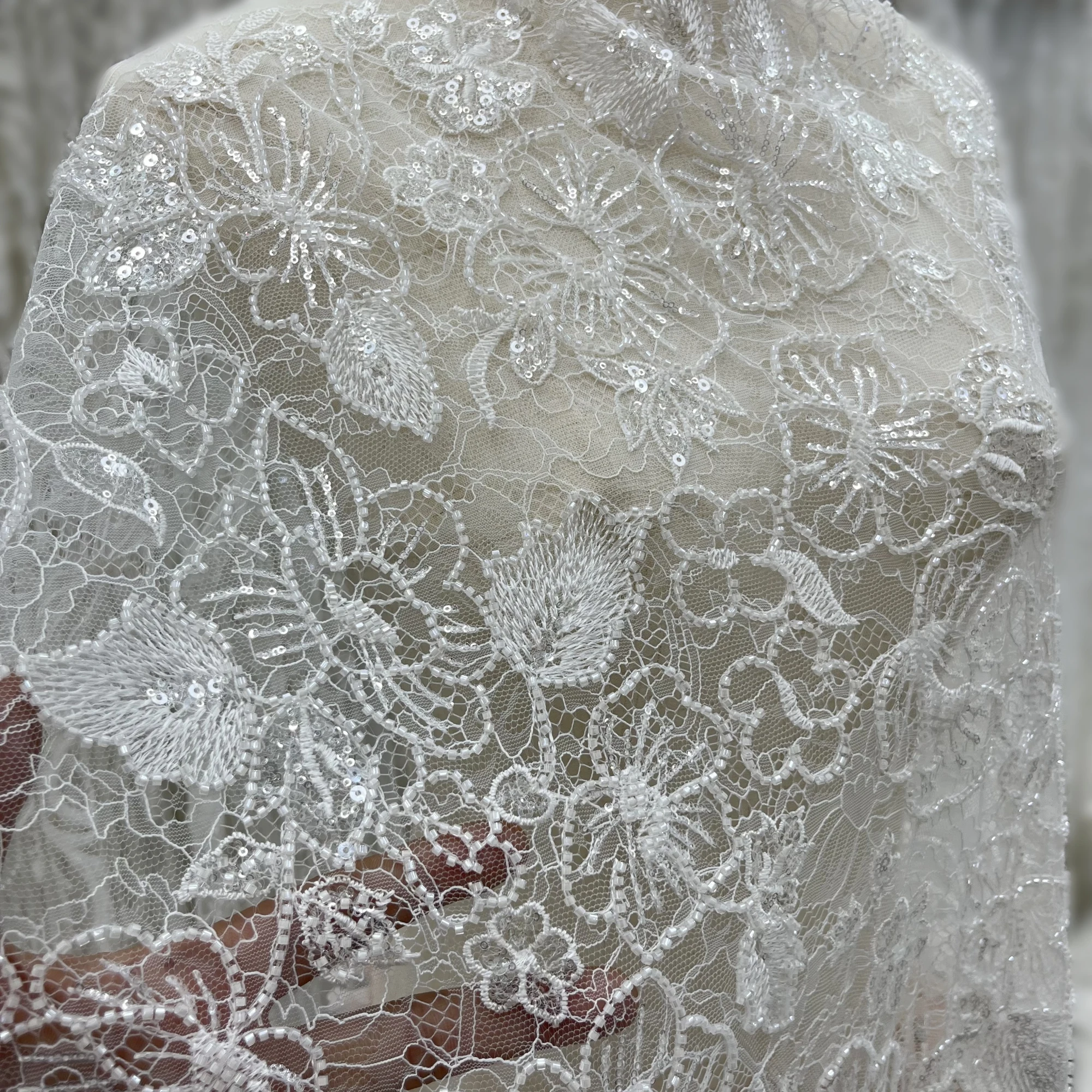 New French Lace Sequins Beads Embroidery High-Grade Wedding Dress Private Custom Lace Fabrics