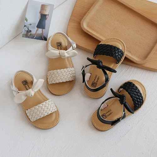 Girl Sandals Bowtie Braided Soft 21-30 Inafnt Children Sliders Bohemia Style Classic Fashion Open Toe Non-slip Kids Flats